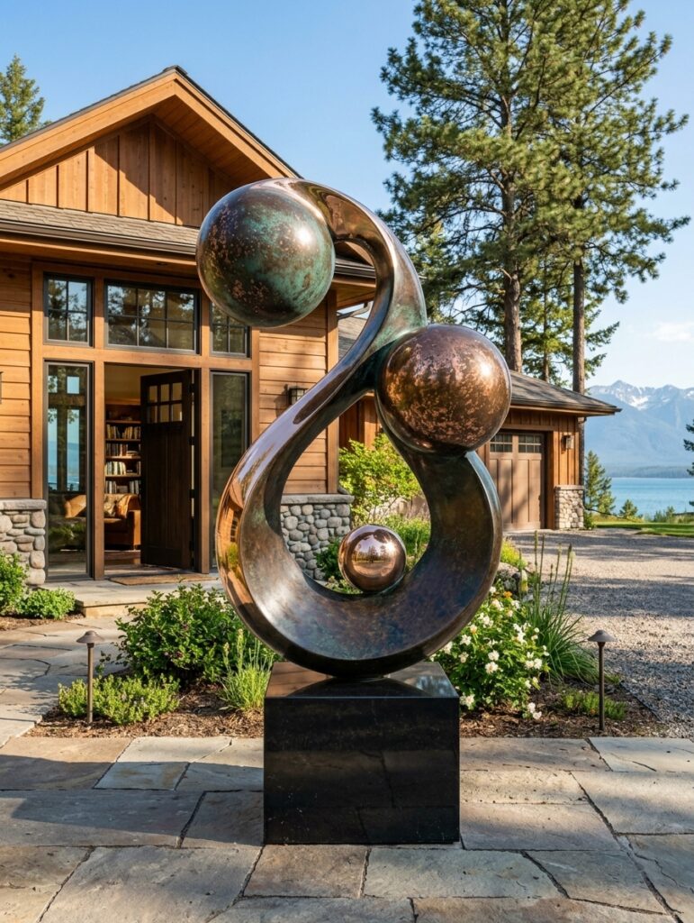 Life-size abstract family sculpture by Eric Thorsen, a ribbon with three spheres